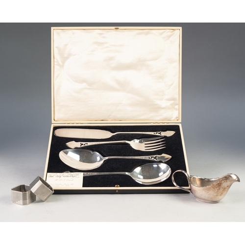 762 - CASED SET OF ELECTROPLATE SERVERS, viz TWO SPOONS, CAKE SLICE AND FORK, with pierced spade shape han... 