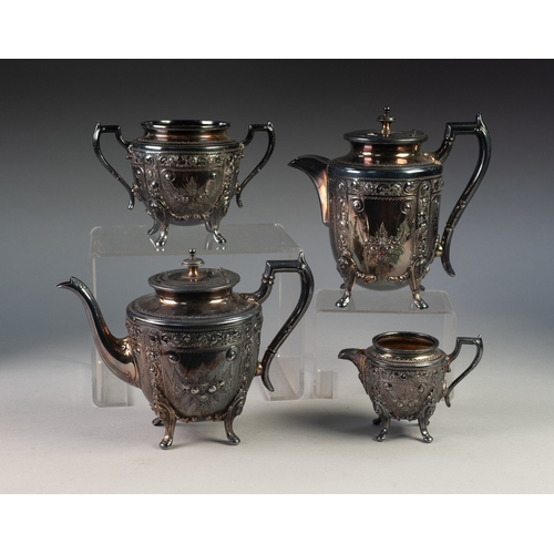 756 - FOUR PIECE EMBOSSED ELECTROPLATED TEA SET, of slightly tapering form with angular scroll handles and... 