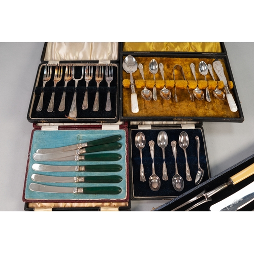 750 - A CASED SET OF CARVING IMPLEMENTS, and  FIVE VARIOUS CASED SETS AND PART SETS of plated teaspoons, t... 