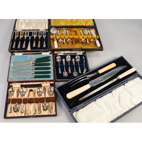 750 - A CASED SET OF CARVING IMPLEMENTS, and  FIVE VARIOUS CASED SETS AND PART SETS of plated teaspoons, t... 