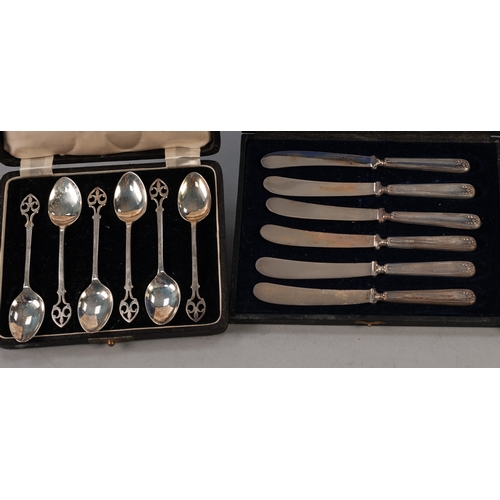 749 - A CASED SET OF SIX PLATED TEASDPOONS, with matching  SUGAR TONGS, with figure terminals, a  CASED SE... 