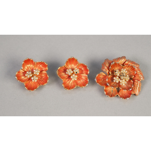 324 - CHRISTIAN DIOR ENAMEL AND PASTE SET FLORAL BROOCH AND EARRINGS SUITE, CIRCA 1967, of white paste cen... 