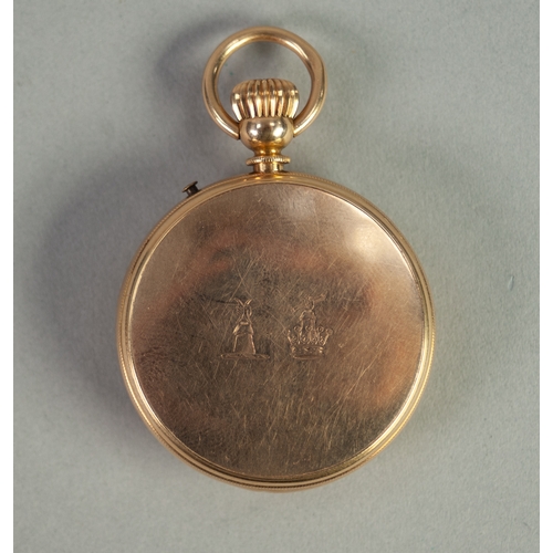 8 - GOOD QUALITY 19th CENTURY 18K GOLD OPEN FACED POCKET WATCH WITH KEYLESS MOVEMENT, white Roman dial w... 