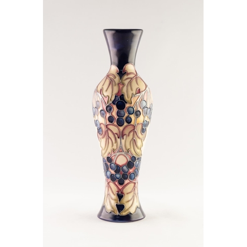 53 - MODERN MOORCROFT ARTIST SIGNED TUBE LINED POTTERY VASE, of slender, waisted oviform, decorated in co... 