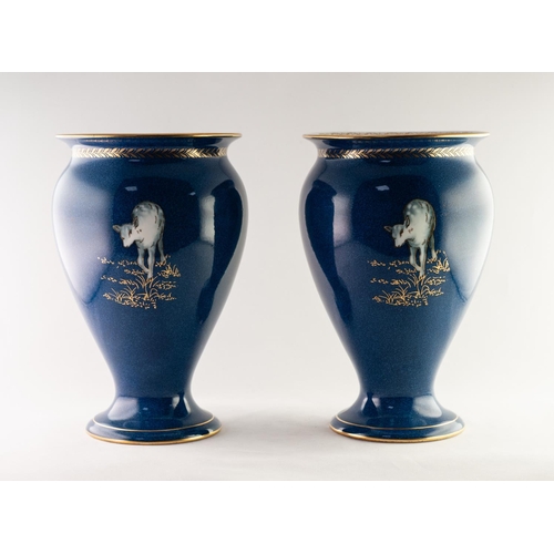 13 - DAISY MAEKIG JONES FOR WEDGWWOD, PAIR OF CHINA VASES, decorated with three fawns, outlined in gilt a... 