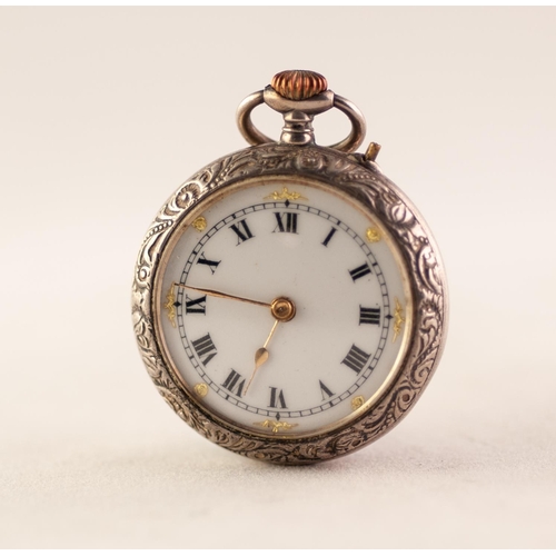 18 - LADIES SILVER POCKET WATCH
Swiss, white Roman numeral dial with gilt accents, keyless movement withi... 