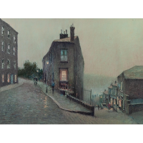 142 - BOB RICHARDSON (1938)
PASTEL DRAWING
Hebden Bridge street scene by evening light 
Signed lower left
... 