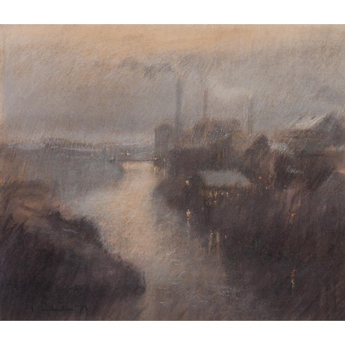 143 - BOB RICHARDSON (1938)
PASTEL DRAWING
Industrial landscape with canal by evening light
Signed and dat... 