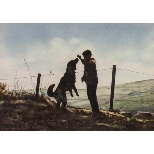 117 - ROBERT (BOB) LITTLEFORD (1945)
WATERCOLOUR
Boy playing with dog in an upland landscape
Signed lower ... 