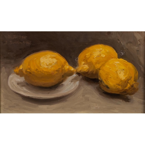 163 - FRED SVOBODA (TWENTIETH CENTURY) 
THREE OILS ON BOARD 
Studies of fruit: 
Three lemons, signed and d... 