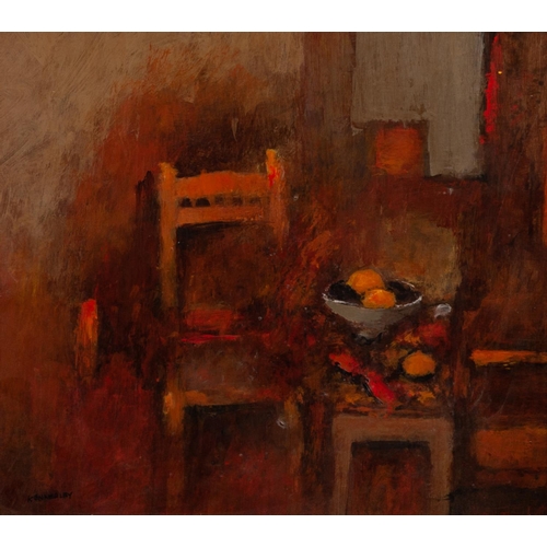 110 - GEORGE KENNERLEY (1908-2009) 
OIL ON BOARD 
Interior with chair and bowl of fruit 
Signed KENNERLEY ... 