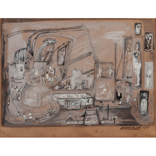 115 - HENDRIK LEK (1903-1985) 
MIXED MEDIA ON BUFF PAPER 
Interior scene 
Signed and dated 1967 
5 ½” x 7 ... 