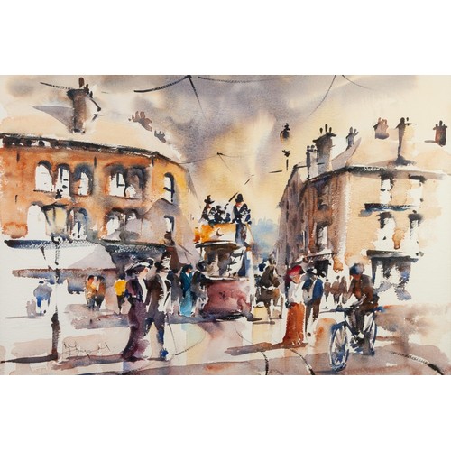 171 - UNATTRIBUTED (CONTEMPORARY)
WATERCOLOUR
Northern street scene with tram and figures
indistinctly sig... 