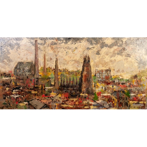 122 - JAMES McGREGOR (TWENTIETH CENTURY) 
OIL ON BOARD 
‘Industrial Town (Stockport)’ 
Signed and dated (1... 