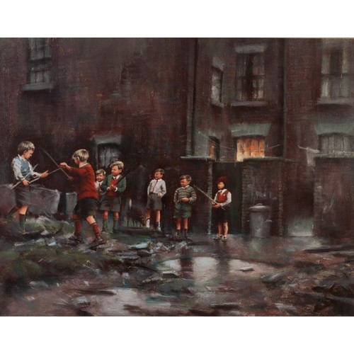 68 - MARK GRIMSHAW (b 1957)
PASTEL DRAWING
Group of boys at play rear of terraced houses
Signed lower lef... 