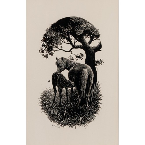 62 - WILLIAM GELDART (b1936)
TWO SCRAPERBOARD PRINTS
Horse in a stable and
Mare and foal beneath tree
Eac... 