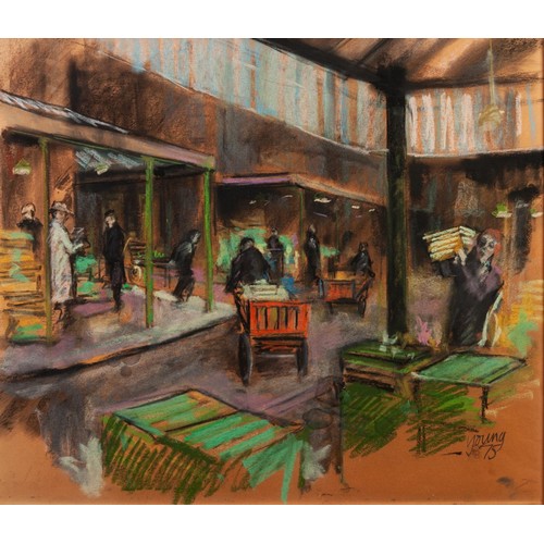 186 - YOUNG (TWENTIETH CENTURY)
PASTEL DRAWING ON ORANGE/BUFF PAPER
Market place with figures at work
Sign... 