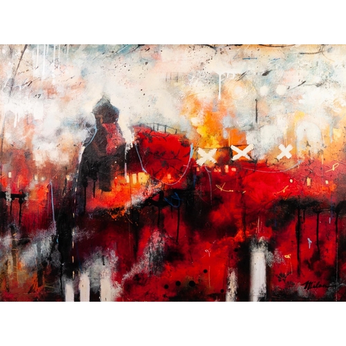 199 - JOHN AND ELLI MILAN (MODERN) 
OIL ON CANVAS 
‘Urban Opus V’ 
Signed, titled to label verso 
30” x 39... 