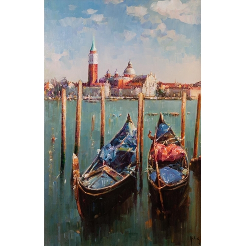 197 - HELIOS (b.1948) 
OIL ON CANVAS 
‘Gondolas’ 
Signed, titled to label verso 
29 ½” x 19 ¼” (75cm x 48.... 