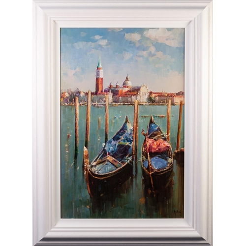 197 - HELIOS (b.1948) 
OIL ON CANVAS 
‘Gondolas’ 
Signed, titled to label verso 
29 ½” x 19 ¼” (75cm x 48.... 