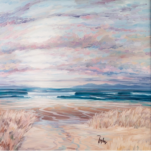 189 - TOM BARRON (MODERN) 
OIL ON CANVAS 
‘Jura from Machricanish Dunes’ 
Signed, titled verso 
23” x 23” ... 