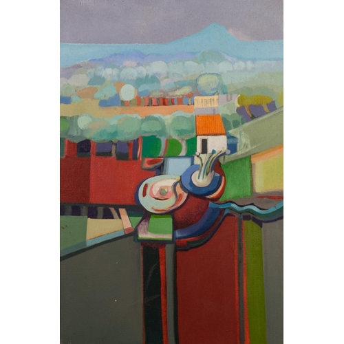 136 - JOHN PICKING (b.1939) 
OIL ON CANVAS 
‘Landscape with Strange Object’ 
Signed and dated verso 
17 ½”... 