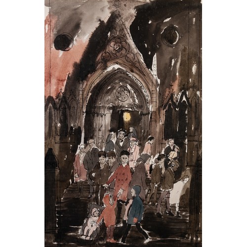 156 - AUDREY M SMITH
PEN AND WASH DRAWING
Congregation leaving Holy Name Church, Oxford Rd, Manchester
Sig... 