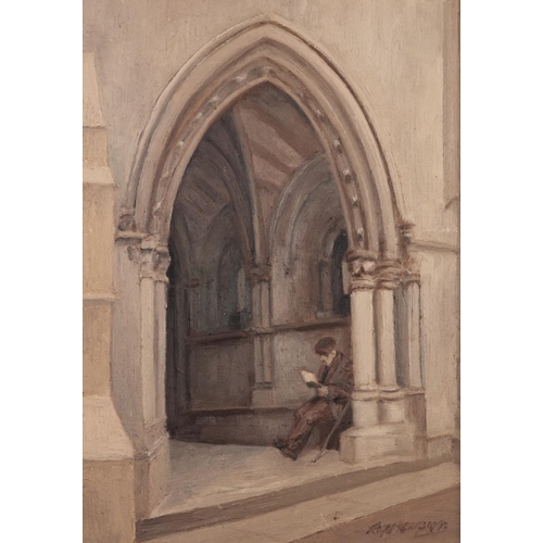 75 - ROGER HAMPSON (1925 - 1996)
OIL PAINTING ON BOARD
'Lay Reader', man seated reading a book in church ... 