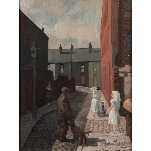 76 - ROGER HAMPSON (1925 - 1996)
OIL PAINTING ON BOARD
'Confirmation Day (Back Bilbao Street, Bolton)'
Si... 