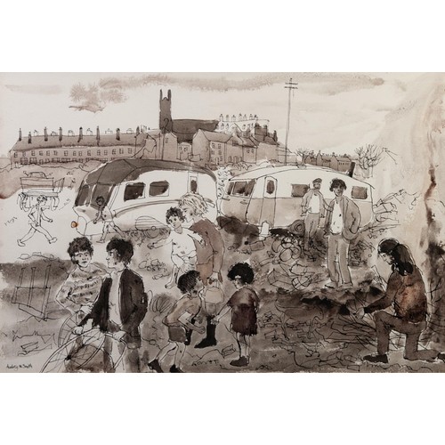 154 - AUDREY M SMITH (1933)
PEN AND WASH DRAWING
Modern gypsy camp in a northern town
Signed lower left
15... 