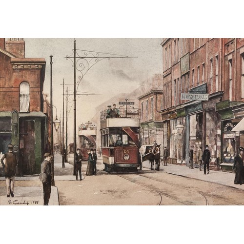 64 - B.GOUDY (TWENTIETH CENTURY) 
WATERCOLOUR 
Bygone Stockport street scene with figures and trams 
Sign... 