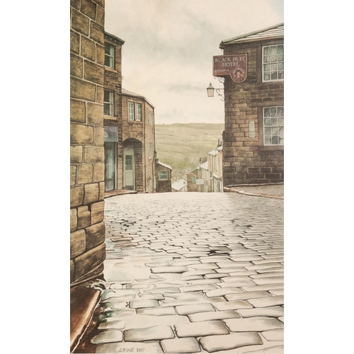 82 - S. HIRST  
ARTIST SIGNED LIMITED EDITION COLOUR PRINT ‘Haworth-The Black Bull’, (168/600) 
17 ½” x 1... 