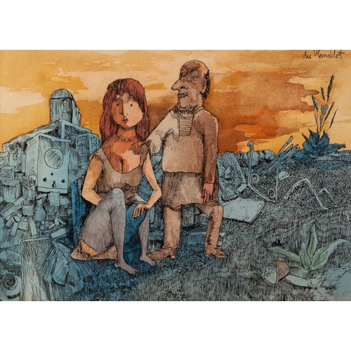 128 - ALBERT du MESNILDOT (1922-1990) 
PEN AND WASH 
A couple in front of building surrounded by debris Si... 