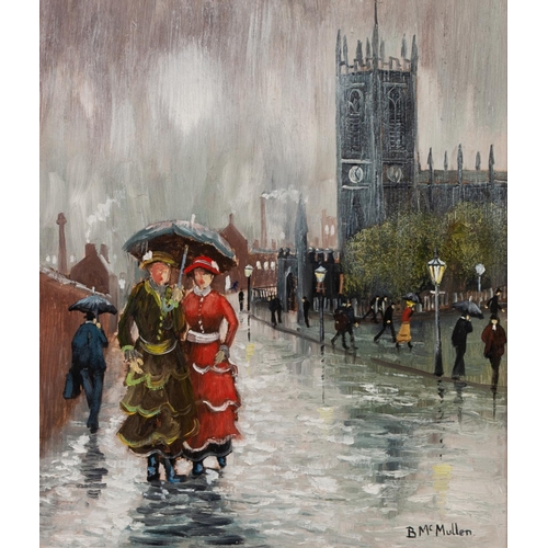 123 - BERNARD McMULLEN (1952-2015)
OIL ON BOARD
A rainy Northern street scene with figures
signed lower ri... 