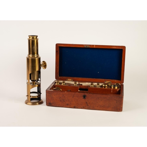 118 - MID NINETEENTH CENTURY BRASS DRUM MICROSCOPE, in a fitted mahogany case with accessories and set of ... 