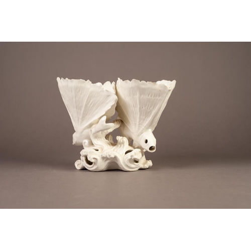 260 - MOORE BROTHERS STYLE WHITE GLAZED PORCELAIN TABLE CENTREPIECE, modelled as two fish with extended do... 