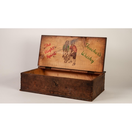 207 - TEACHER’S WHISKY PRESENTATION PINE BOX, with hinged cover and hook and eye fastener, the interior pr... 