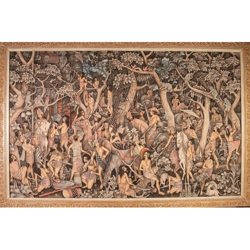 215 - BALINESE SCHOOL, CIRCA 1950s/60s, THINLY PAINTED ACRYLIC ON CANVAS, HIGHLY DETAILED COMPOSITION OF, ... 