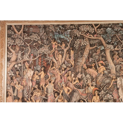 215 - BALINESE SCHOOL, CIRCA 1950s/60s, THINLY PAINTED ACRYLIC ON CANVAS, HIGHLY DETAILED COMPOSITION OF, ... 