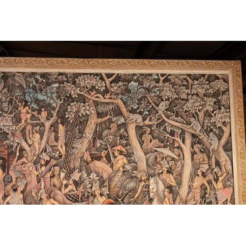 215 - BALINESE SCHOOL, CIRCA 1950s/60s, THINLY PAINTED ACRYLIC ON CANVAS, HIGHLY DETAILED COMPOSITION OF, ... 