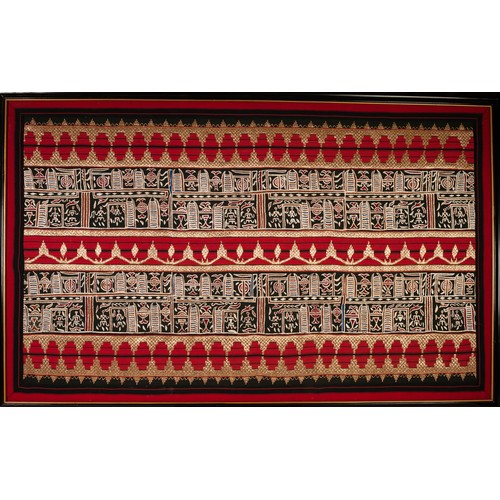 369 - MODERN INDONESIAN MACHINE WOVEN AND EMBROIDERED TAPESTRY of repeated stylised borders, 31