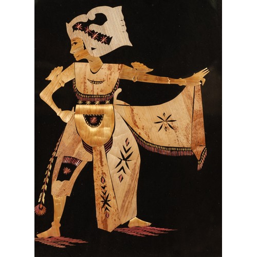 221 - PAIR OF MODERN INDONESIAN TREE BARK PICTURES of dancing female figures against a black ground, 14 1/... 