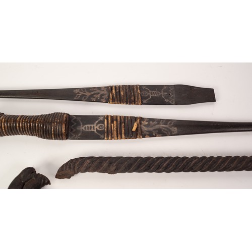 227 - *AGED INDIAN CARVED DARK HARDWOOD SCEPTRE, the crook form top carved with a tiger attacking a man's ... 