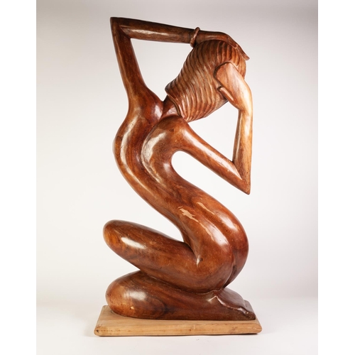 211 - MODERN SOUTH EAST ASIAN CARVED wooden naked female figure on a later softwood plinth 31 1/2