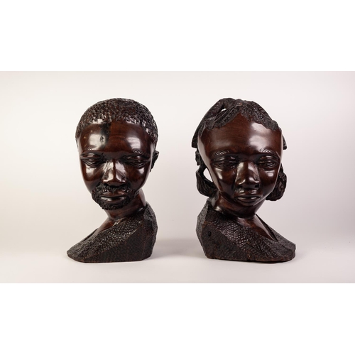 212 - PAIR OF POST WAR AFRICAN CARVED IRONWOOD MALE AND FEMALE HEADS 13