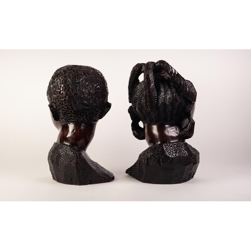 212 - PAIR OF POST WAR AFRICAN CARVED IRONWOOD MALE AND FEMALE HEADS 13