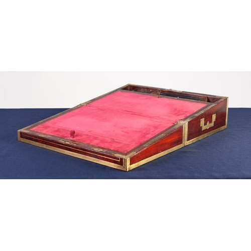 229 - FINE QUALITY EARLY VICTORIAN AND BRASS MOUNTED PORTABLE WRITING SLOPE with inlet brass edges and cor... 