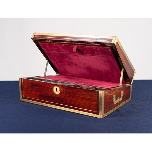 229 - FINE QUALITY EARLY VICTORIAN AND BRASS MOUNTED PORTABLE WRITING SLOPE with inlet brass edges and cor... 