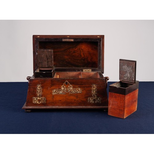 230 - LATE REGENCY MOTHER OF PEARL SARCOPHAGUS SHAPE TEA CADDY decoration to show Welsh dragons, vases eac... 