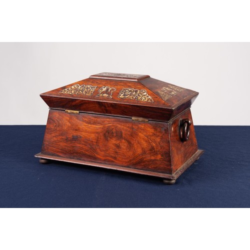230 - LATE REGENCY MOTHER OF PEARL SARCOPHAGUS SHAPE TEA CADDY decoration to show Welsh dragons, vases eac... 